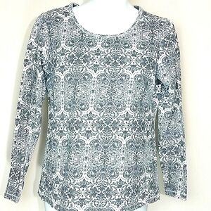 Made for Life Black White Medallion Print Long Sleeve Cotton Stretch Top Small